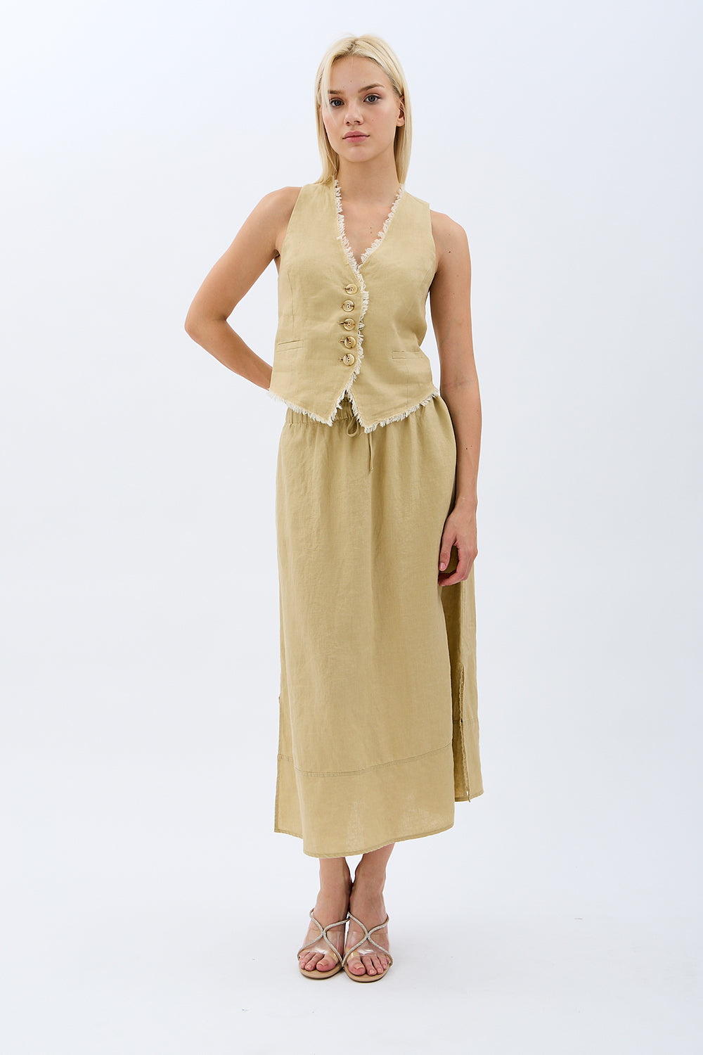 Diagonal-Saçak Detaylı Keten Etek-Etek-1-Milagron.com