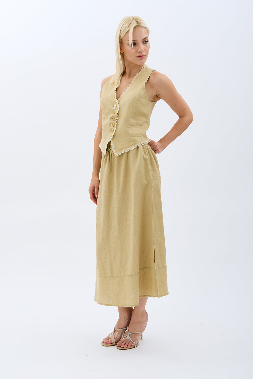 Diagonal-Saçak Detaylı Keten Etek-Etek-11-Milagron.com