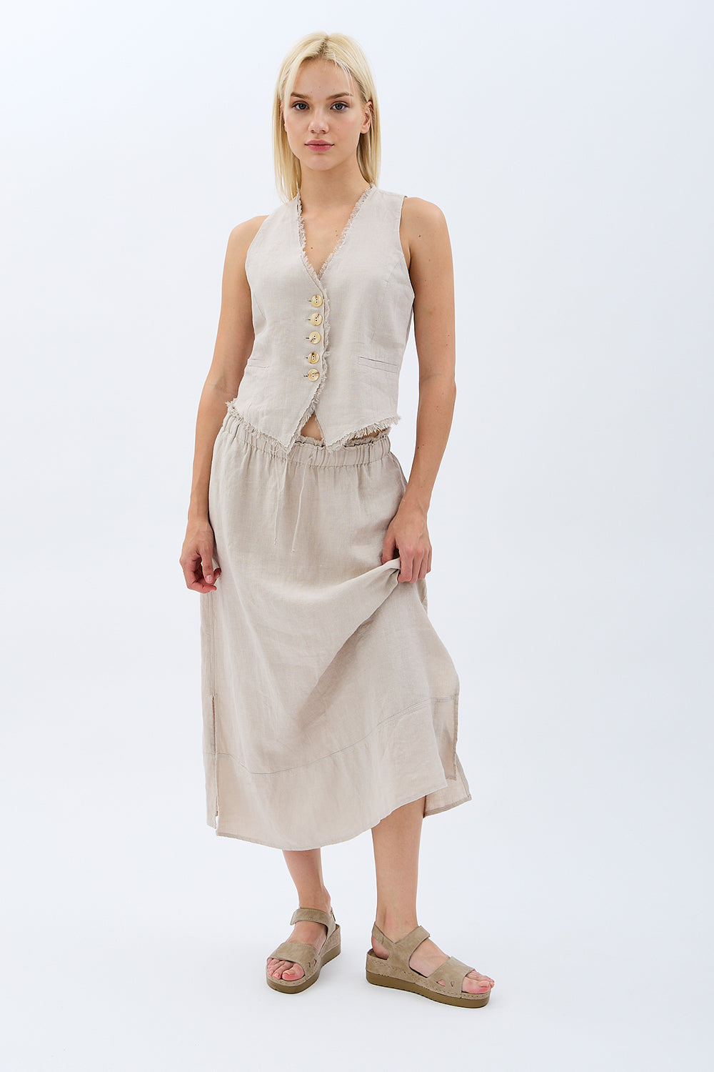 Diagonal-Saçak Detaylı Keten Etek-Etek-11-Milagron.com
