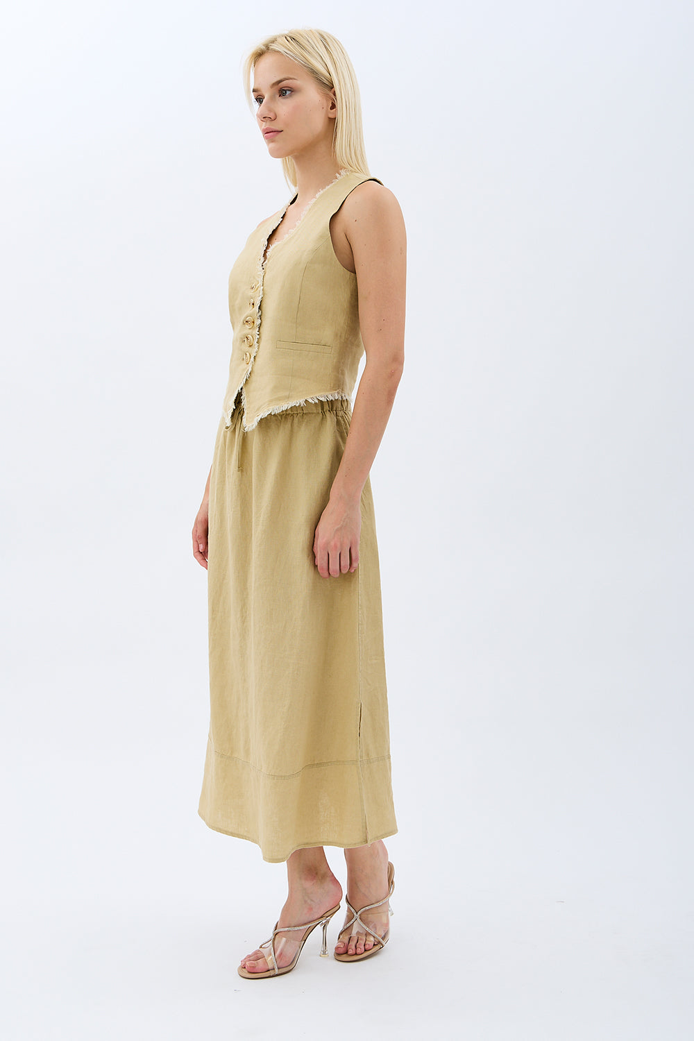 Diagonal-Saçak Detaylı Keten Etek-Etek-12-Milagron.com