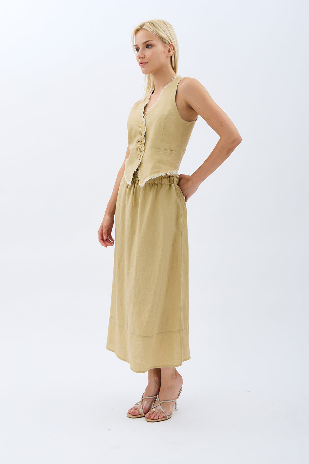 Diagonal-Saçak Detaylı Keten Etek-Etek-2-Milagron.com