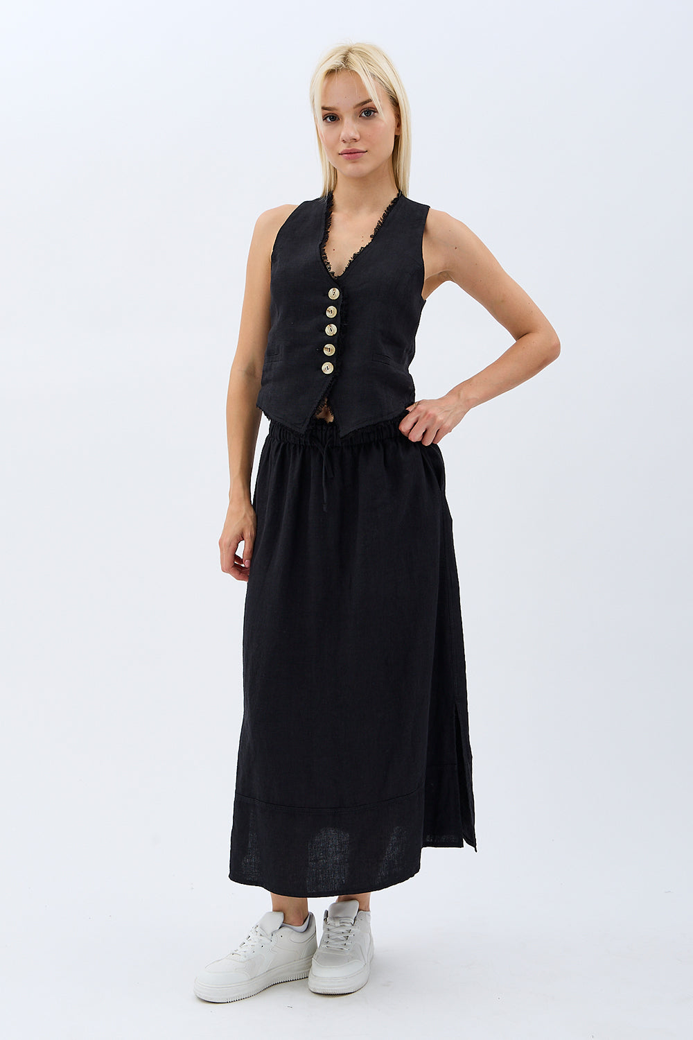 Diagonal-Saçak Detaylı Keten Etek-Etek-3-Milagron.com