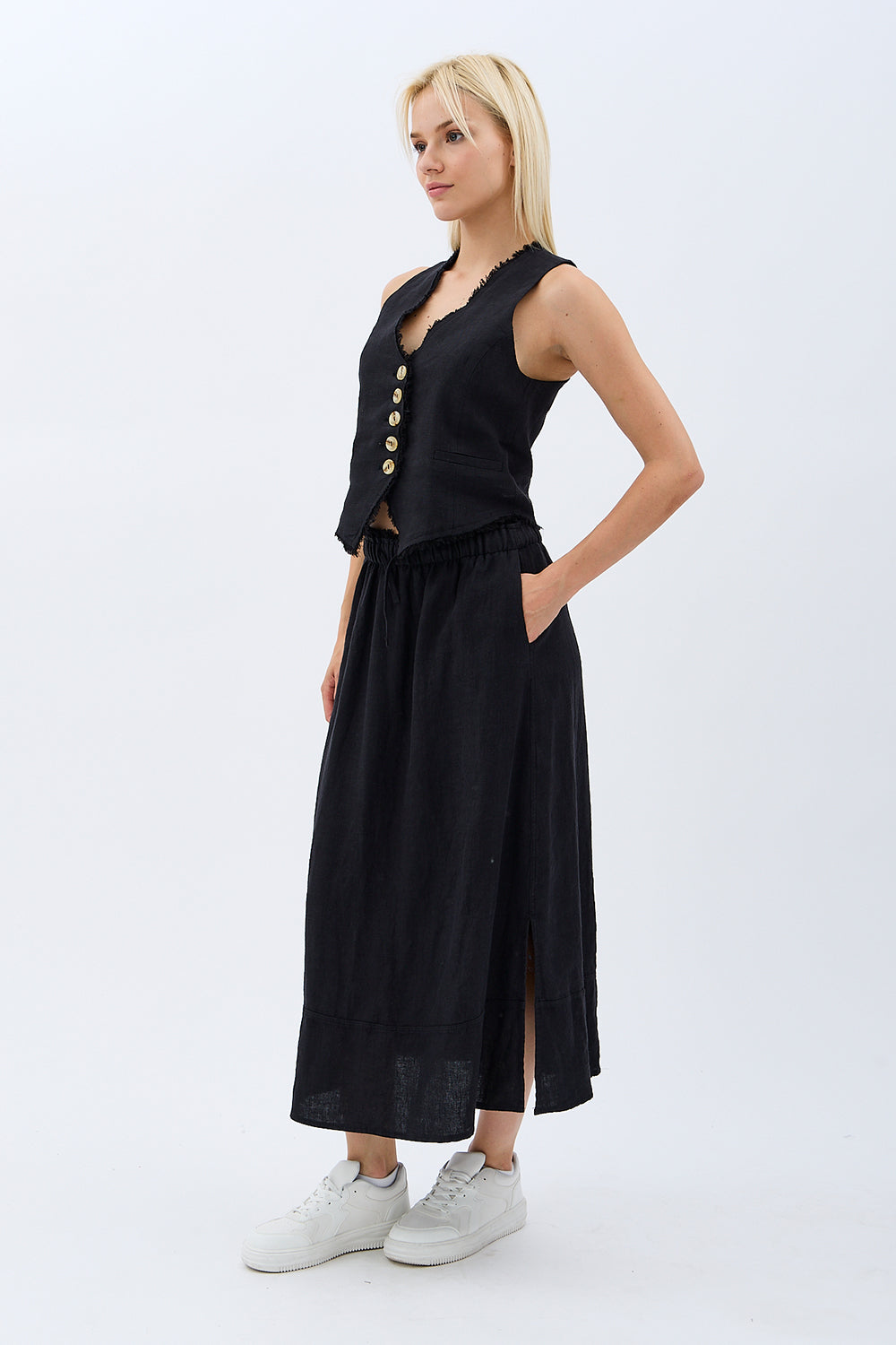 Diagonal-Saçak Detaylı Keten Etek-Etek-4-Milagron.com