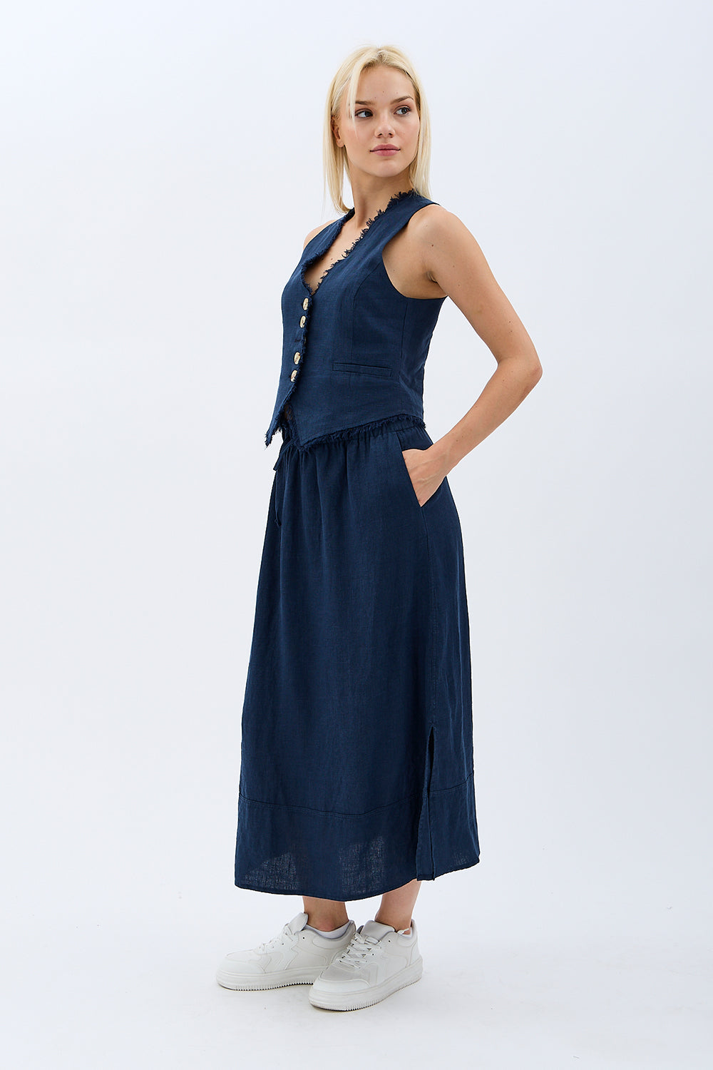 Diagonal-Saçak Detaylı Keten Etek-Etek-4-Milagron.com