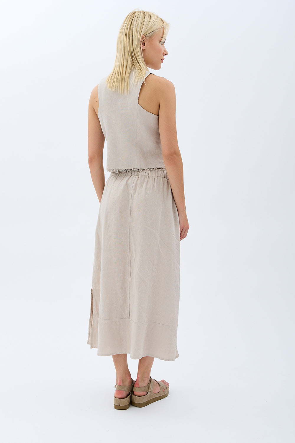 Diagonal-Saçak Detaylı Keten Etek-Etek-4-Milagron.com
