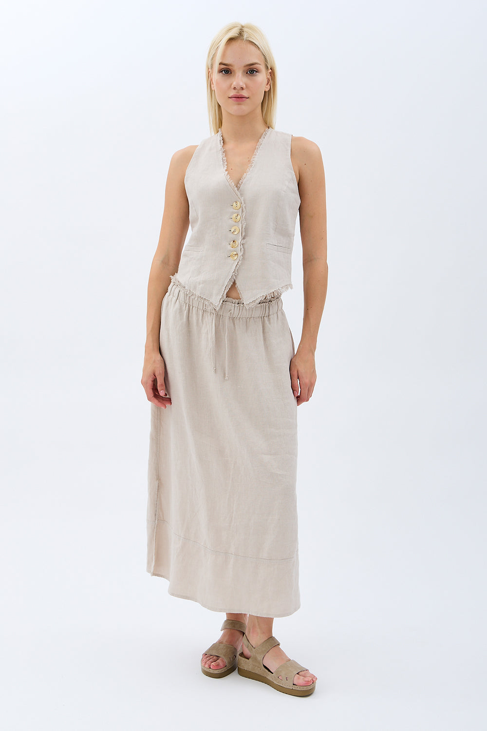 Diagonal-Saçak Detaylı Keten Etek-Etek-5-Milagron.com