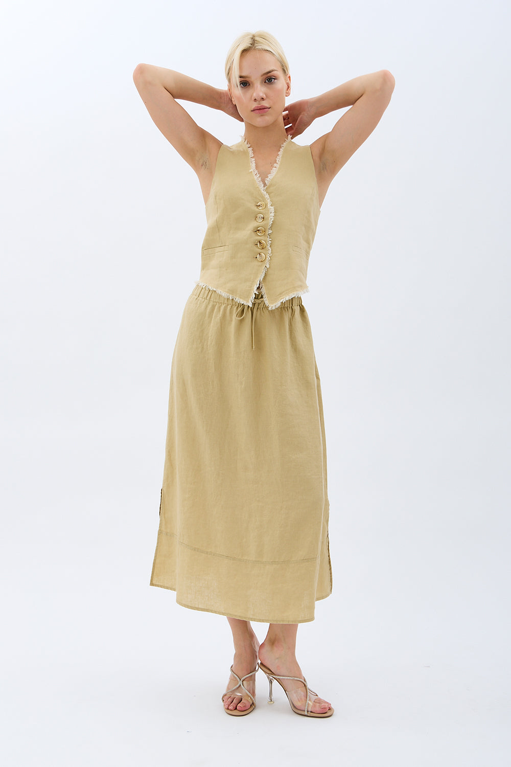 Diagonal-Saçak Detaylı Keten Etek-Etek-6-Milagron.com