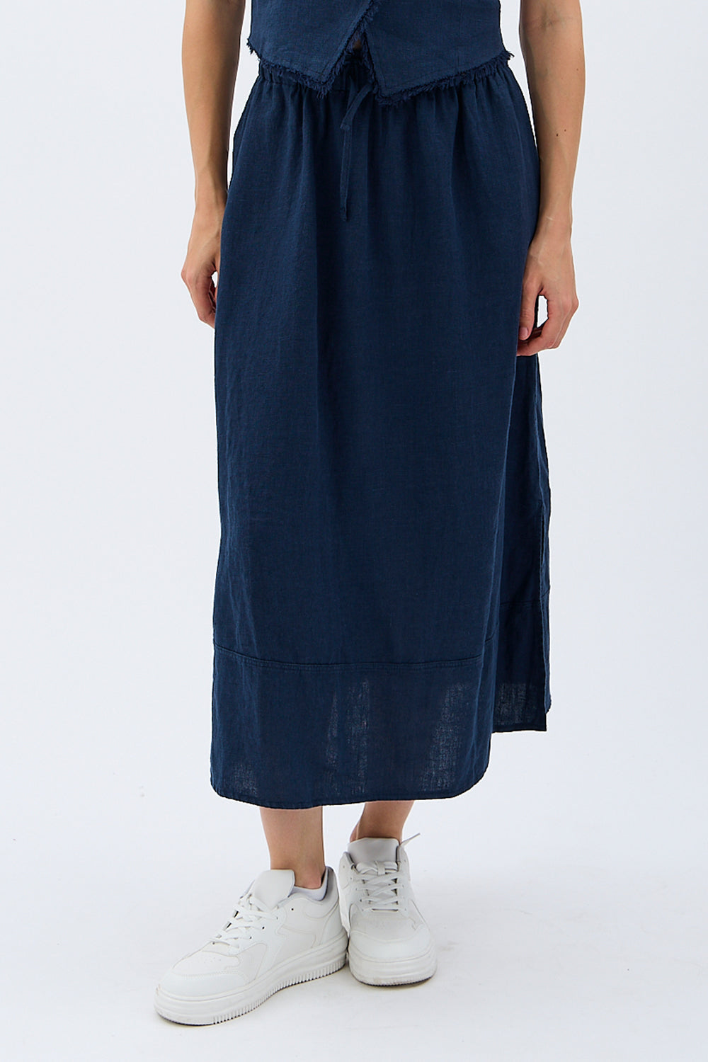 Diagonal-Saçak Detaylı Keten Etek-Etek-6-Milagron.com