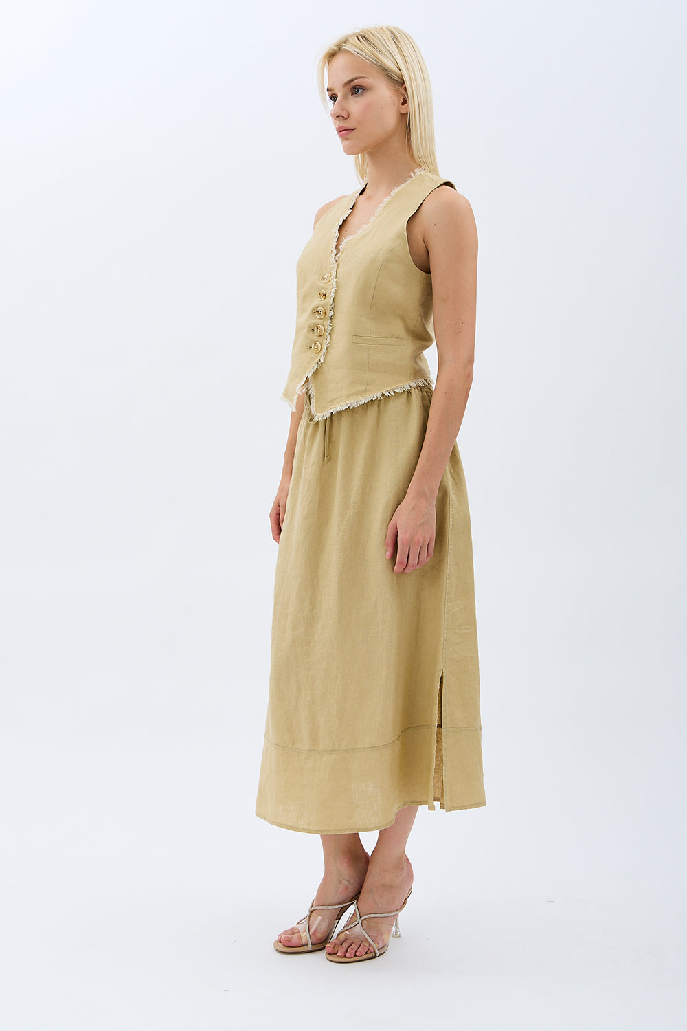 Diagonal-Saçak Detaylı Keten Etek-Etek-7-Milagron.com