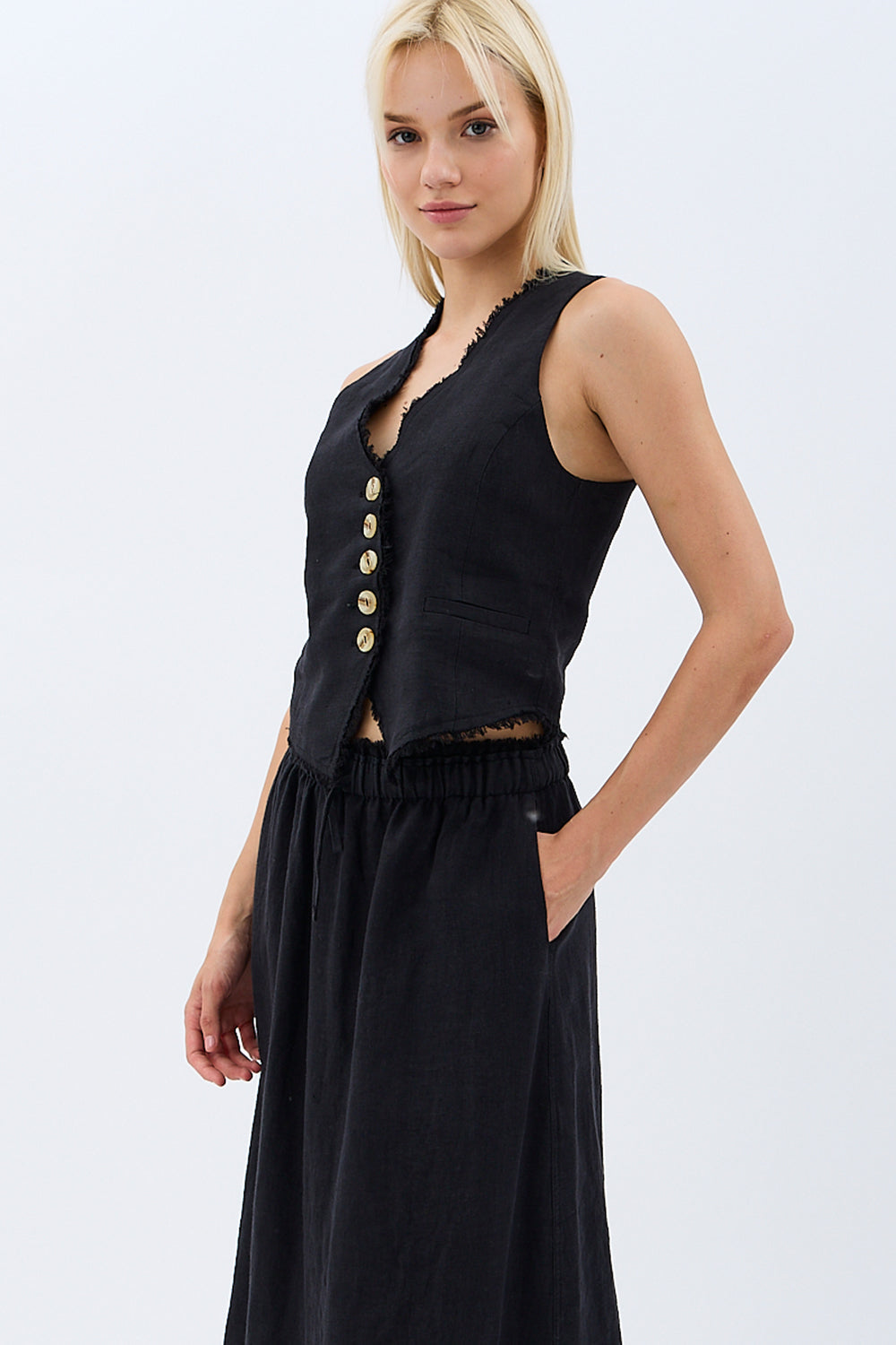 Diagonal-Saçaklı Keten Yelek-Yelek-1-Milagron.com