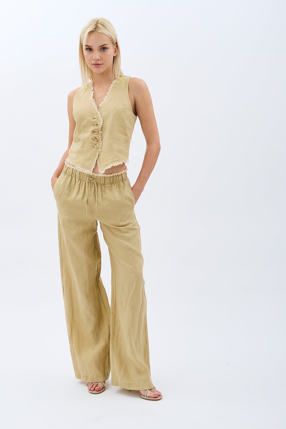 Diagonal-Saçaklı Keten Yelek-Yelek-9-Milagron.com