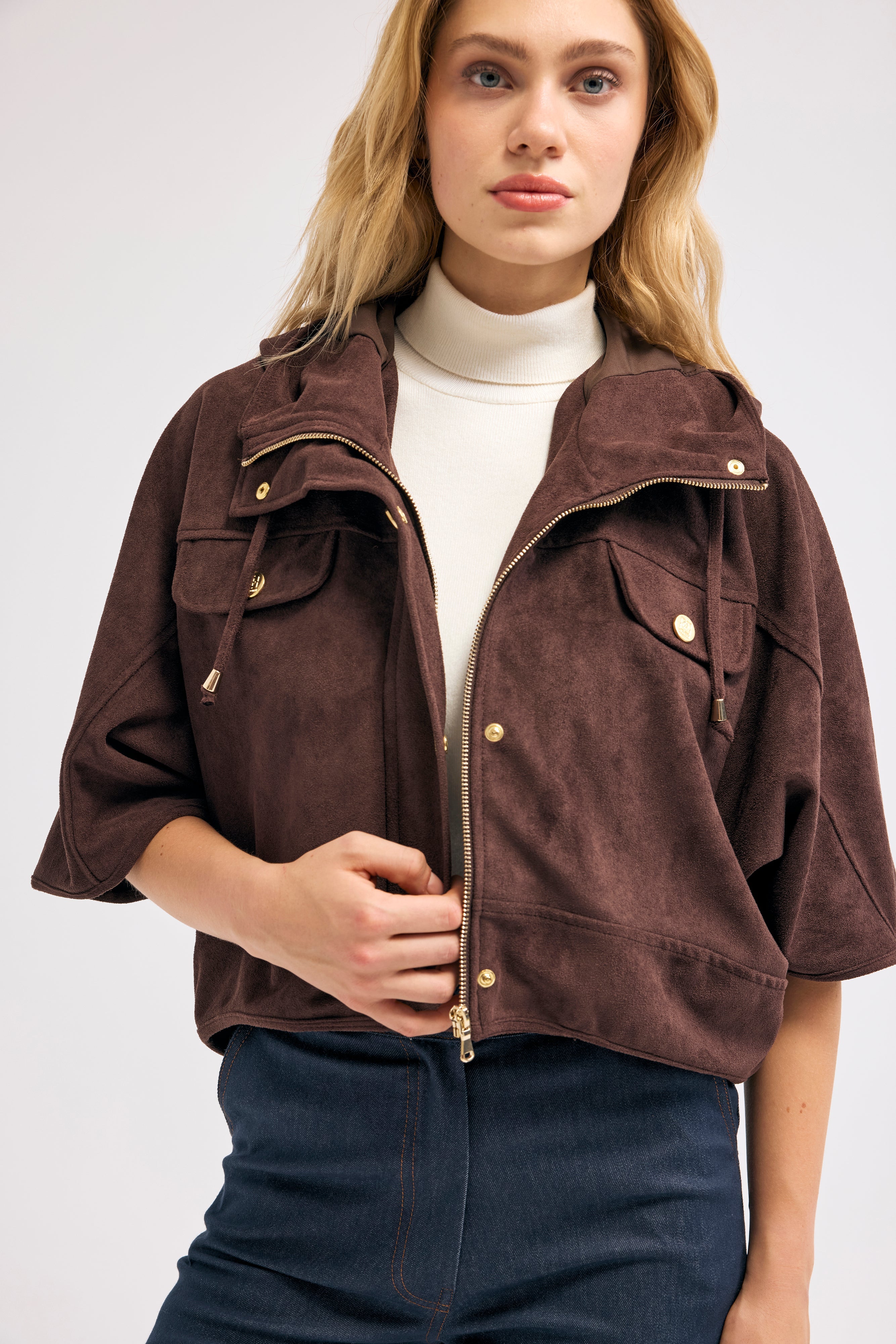 Diagonal-Süet Kapüşonlu Ceket (Kahverengi)-CEKET-5-Milagron.com