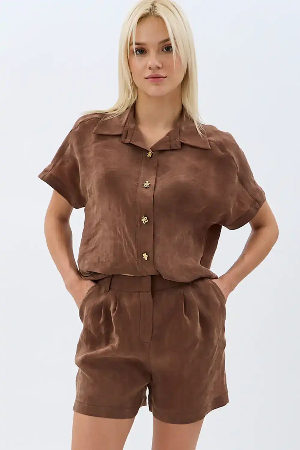 Tasarım Düğmeli Gömlek (Kahverengi)