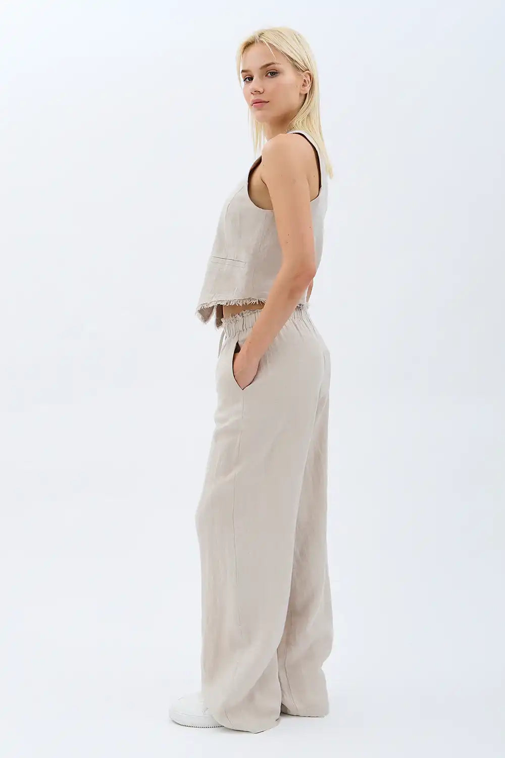 Tasarım Düğmeli Keten Yelek (Krem)