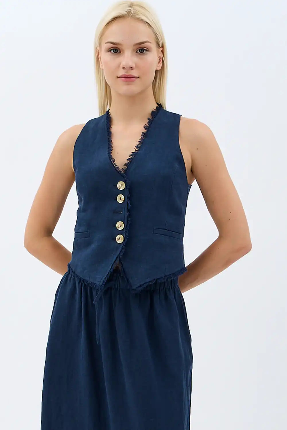 Tasarım Düğmeli Keten Yelek (Lacivert)