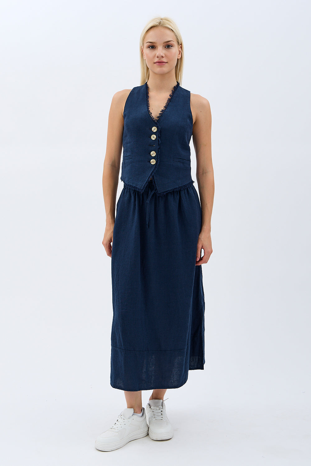 Diagonal-Tasarım Düğmeli Keten Yelek-Yelek-4-Milagron.com