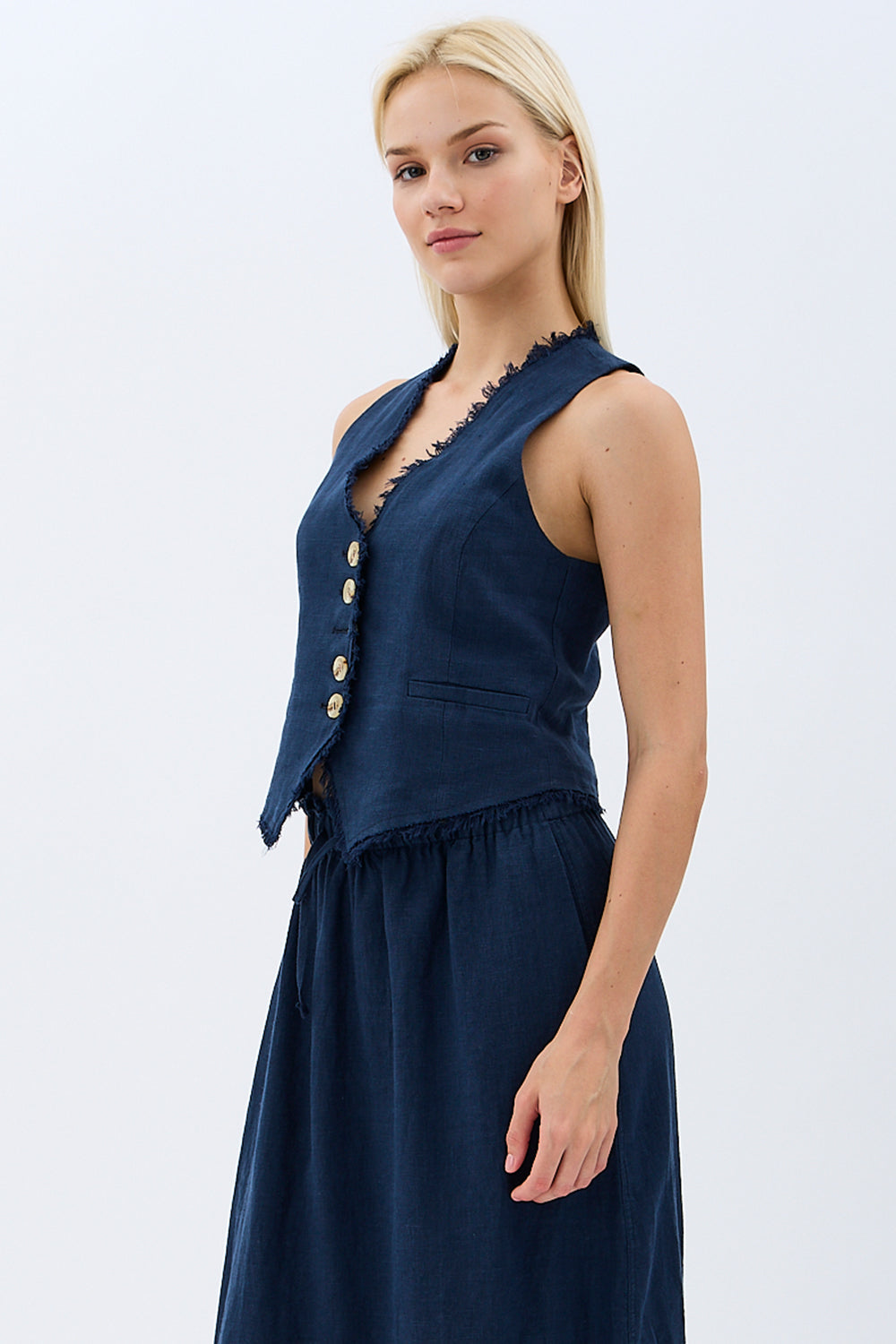 Diagonal-Tasarım Düğmeli Keten Yelek-Yelek-5-Milagron.com