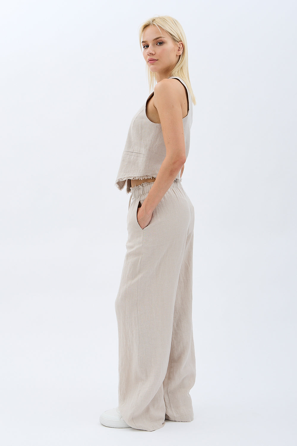 Diagonal-Tasarım Düğmeli Keten Yelek-Yelek-8-Milagron.com