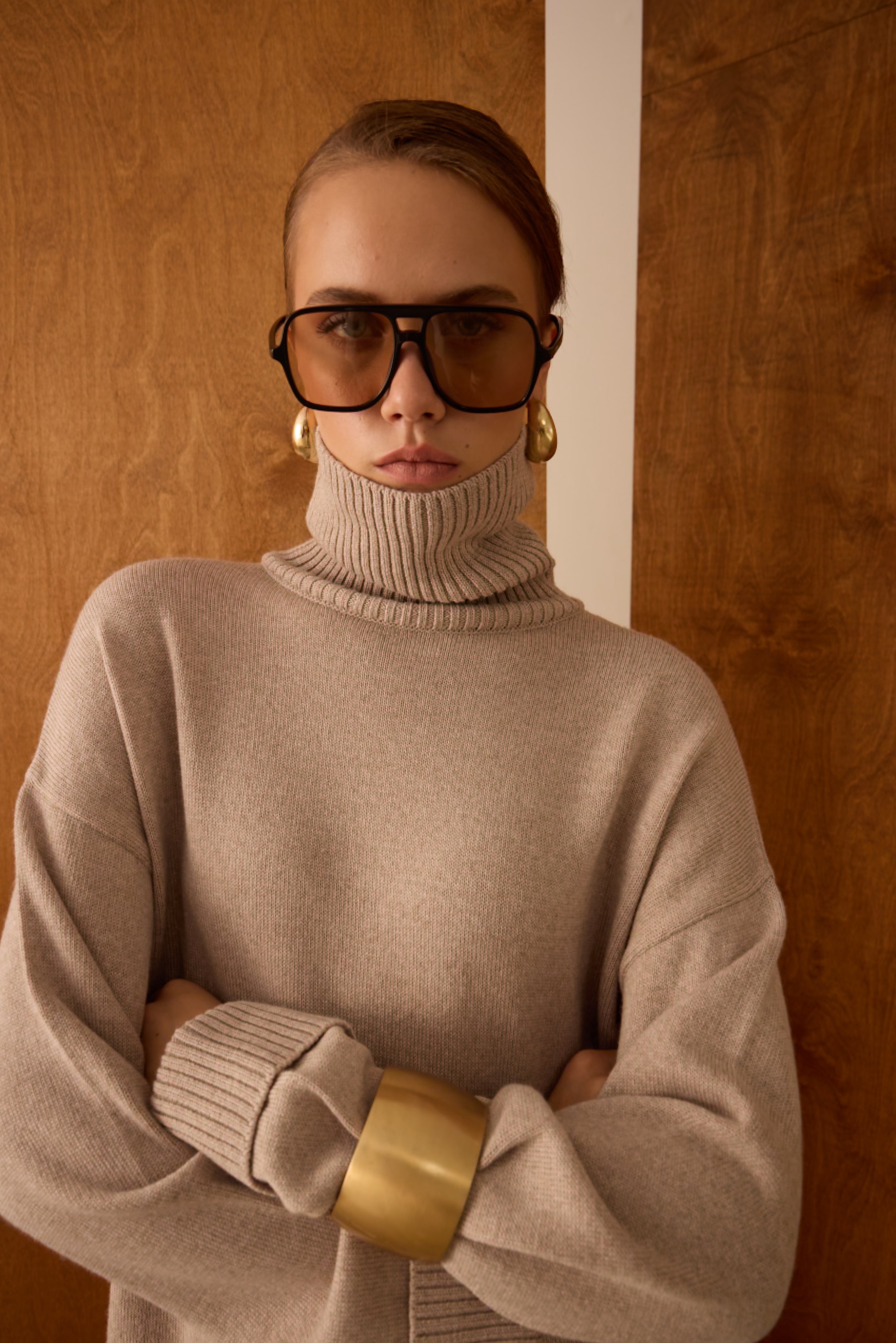 Diagonal-Triko Boğazlı Bej Bluz-Bluz-6-Milagron.com