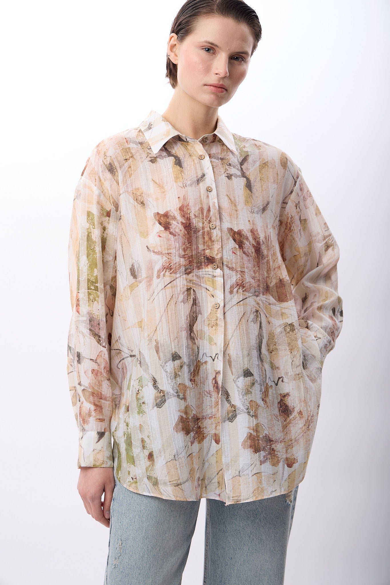 Diagonal-Uzun Kollu Çiçek Desenli Gömlek-Gömlek-1-Milagron.com