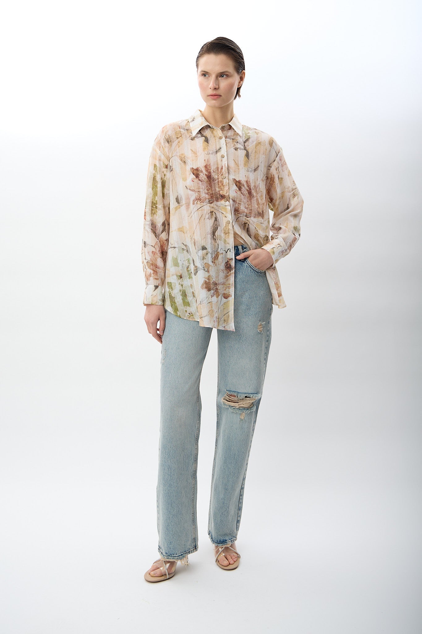 Diagonal-Uzun Kollu Çiçek Desenli Gömlek-Gömlek-10-Milagron.com