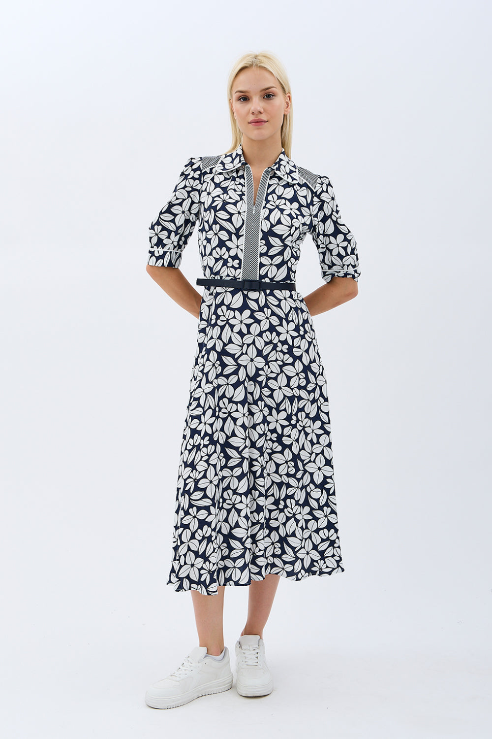 Diagonal-Yaprak Desenli Kemerli Gömlek Elbise-Elbise-10-Milagron.com