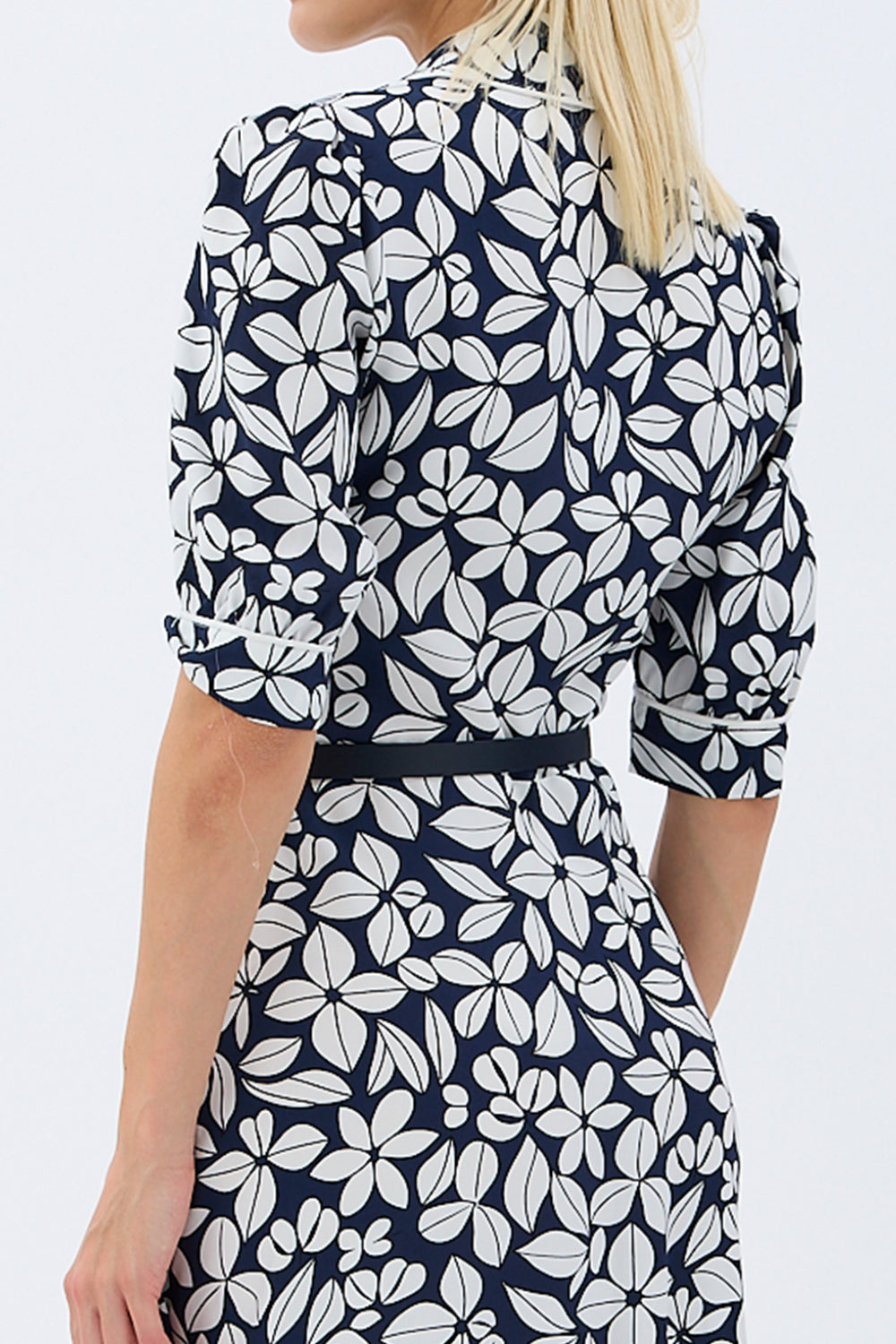 Diagonal-Yaprak Desenli Kemerli Gömlek Elbise-Elbise-5-Milagron.com