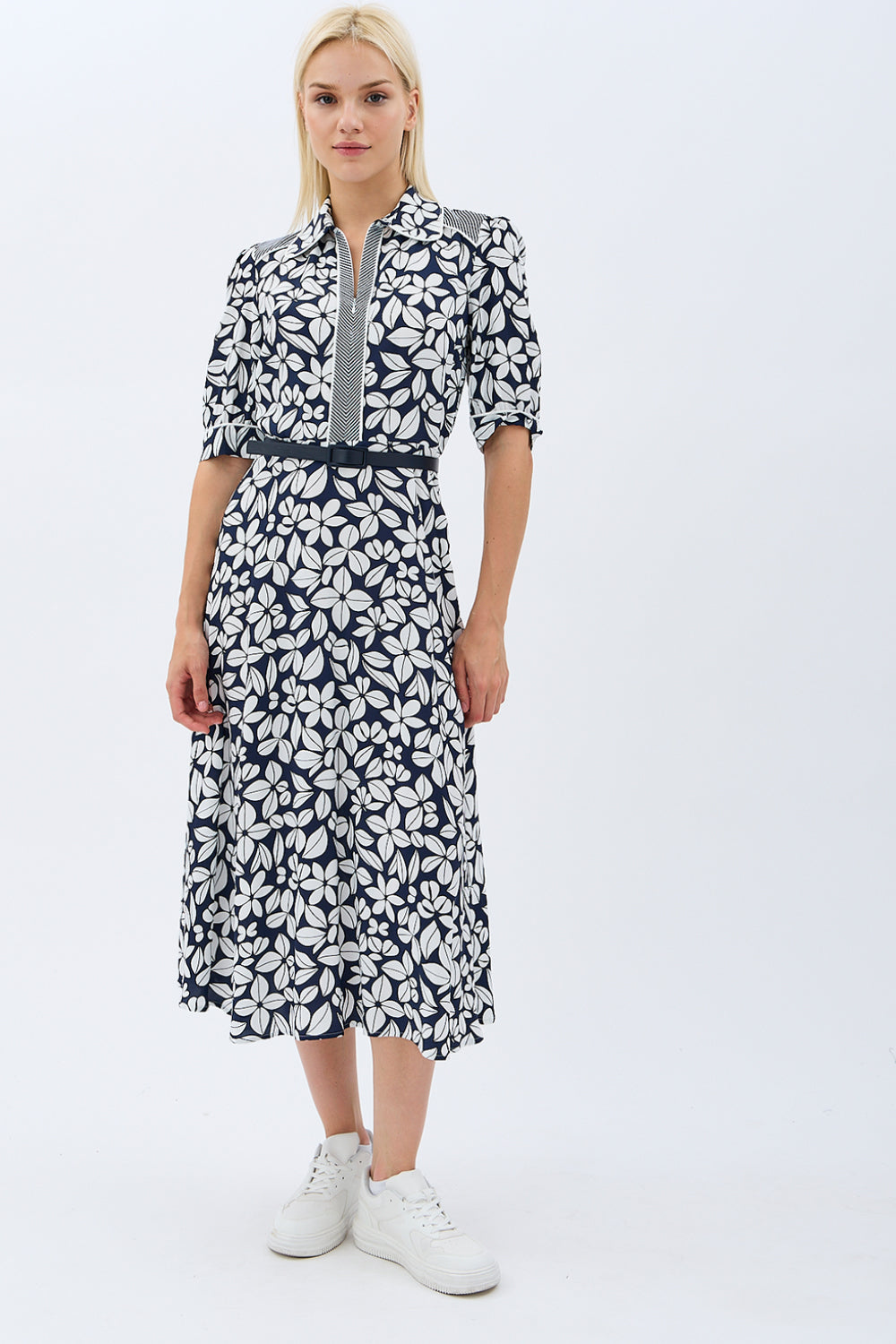 Diagonal-Yaprak Desenli Kemerli Gömlek Elbise-Elbise-6-Milagron.com