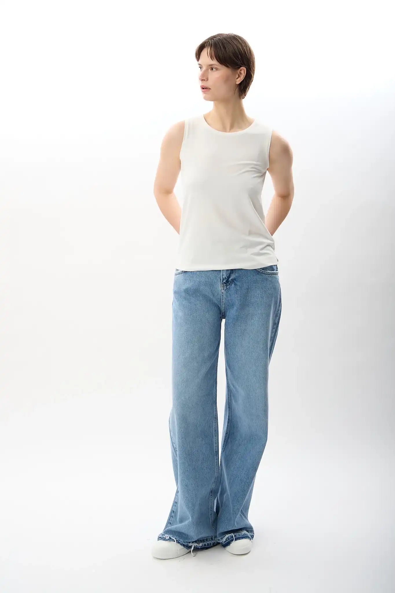 Yüksek Bel Denim Pantolon (Mavi)