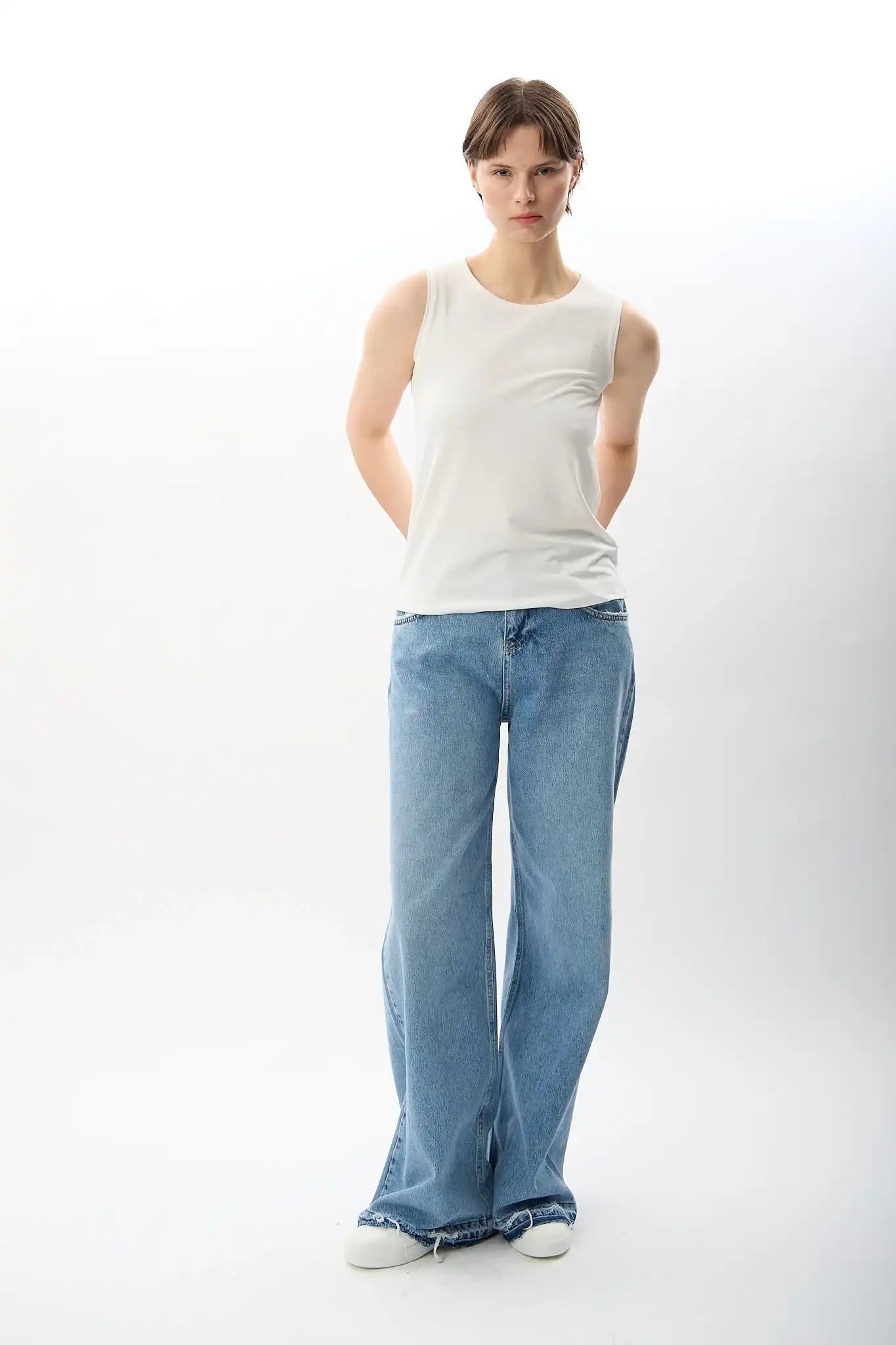 Yüksek Bel Denim Pantolon (Mavi)