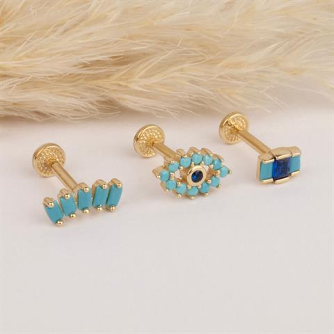 Dianora Piercing-14 Ayar Altın 3 Baget Firuze Rengi Ve Lacivert Taşlı Göz Minimal Tragus Piercing-Renkli Taşlar Koleksiyonu-3-Milagron.com