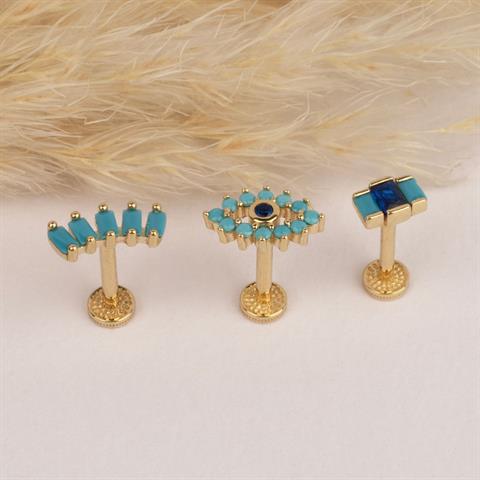 Dianora Piercing-14 Ayar Altın 3 Baget Firuze Rengi Ve Lacivert Taşlı Göz Minimal Tragus Piercing-Renkli Taşlar Koleksiyonu-22-Milagron.com