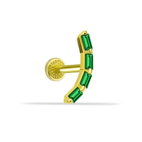 Dianora Piercing-14 Ayar Altın 4 Yeşil Baget Taşlı Minimal Tragus Piercing-Tragus Piercing-1-Milagron.com