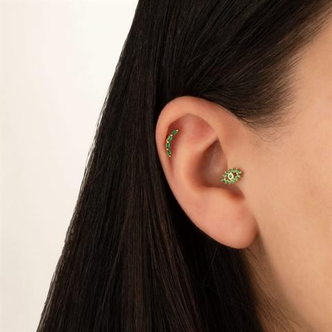 Dianora Piercing-14 Ayar Altın 4 Yeşil Baget Taşlı Minimal Tragus Piercing-Tragus Piercing-4-Milagron.com