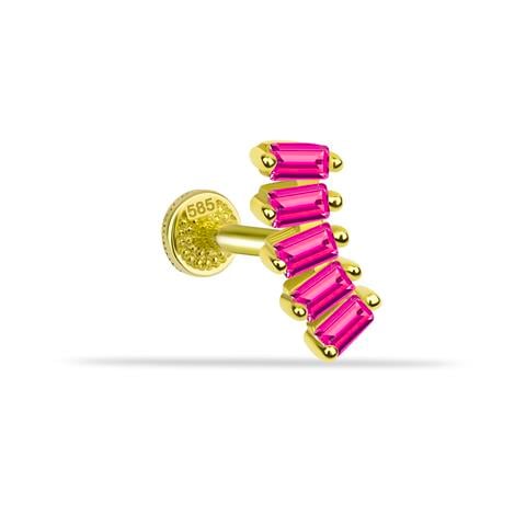Dianora Piercing-14 Ayar Altın 5 Pembe Baget Taşlı Minimal Tragus Piercing-Tragus Piercing-1-Milagron.com
