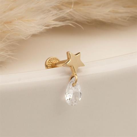 Dianora Piercing-14 Ayar Altın Damla Taş Sallantılı Minimal Tragus Piercing-Tragus Piercing-7-Milagron.com