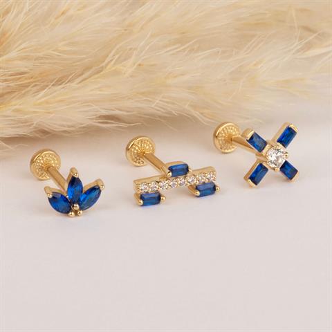 Dianora Piercing-14 Ayar Altın Lacivert Baget Taşlı Minimal Tragus Piercing-Tragus Piercing-5-Milagron.com