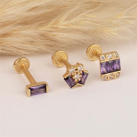 Dianora Piercing-14 Ayar Altın Mor Taşlı Minimal Tragus Piercing-Tragus Piercing-5-Milagron.com