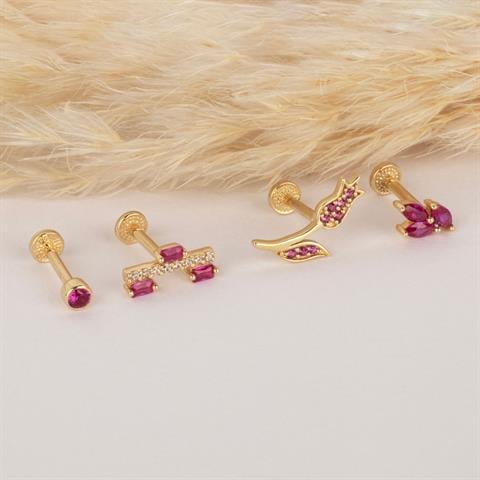 Dianora Piercing-14 Ayar Altın Pembe Taşlı Çiçek Minimal Tragus Piercing-Tragus Piercing-8-Milagron.com