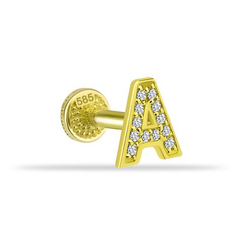 Dianora Piercing-14 Ayar Altın Taşlı Düz A Harfi Tragus Piercing-Tragus Piercing-1-Milagron.com