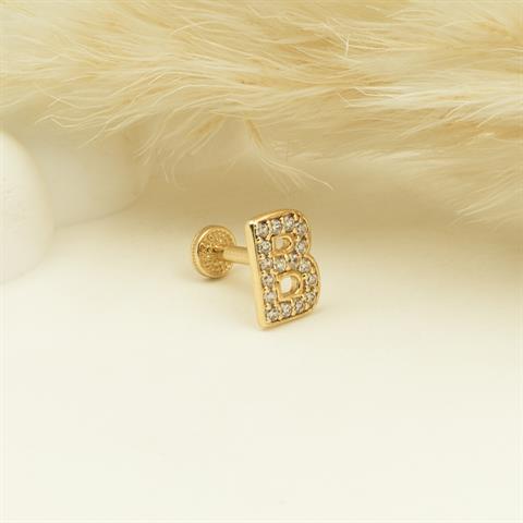 Dianora Piercing-14 Ayar Altın Taşlı Düz B Harfi Tragus Piercing-Tragus Piercing-5-Milagron.com