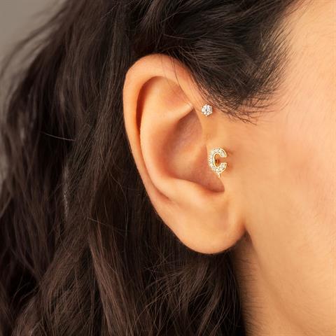 14 Ayar Altın Taşlı Düz Ç Harfi Tragus Piercing - 1