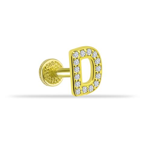 Dianora Piercing-14 Ayar Altın Taşlı Düz D Harfi Tragus Piercing-Tragus Piercing-1-Milagron.com