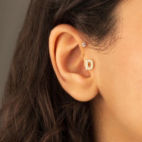 Dianora Piercing-14 Ayar Altın Taşlı Düz D Harfi Tragus Piercing-Tragus Piercing-4-Milagron.com