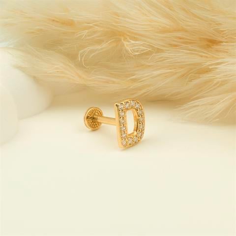 Dianora Piercing-14 Ayar Altın Taşlı Düz D Harfi Tragus Piercing-Tragus Piercing-6-Milagron.com