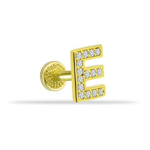 Dianora Piercing-14 Ayar Altın Taşlı Düz E Harfi Tragus Piercing-Tragus Piercing-1-Milagron.com