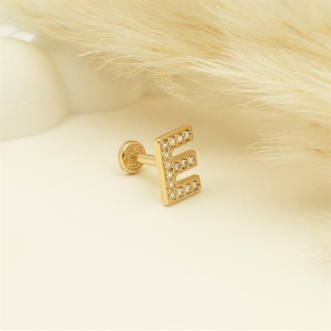 Dianora Piercing-14 Ayar Altın Taşlı Düz E Harfi Tragus Piercing-Tragus Piercing-5-Milagron.com