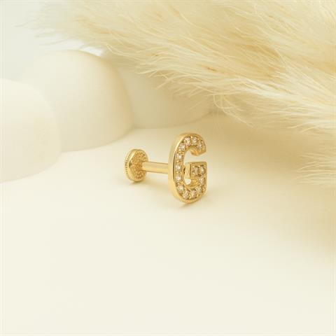 Dianora Piercing-14 Ayar Altın Taşlı Düz G Harfi Tragus Piercing-Tragus Piercing-4-Milagron.com