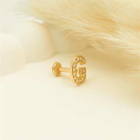 Dianora Piercing-14 Ayar Altın Taşlı Düz G Harfi Tragus Piercing-Tragus Piercing-5-Milagron.com