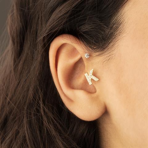 Dianora Piercing-14 Ayar Altın Taşlı Düz K Harfi Tragus Piercing-Tragus Piercing-4-Milagron.com